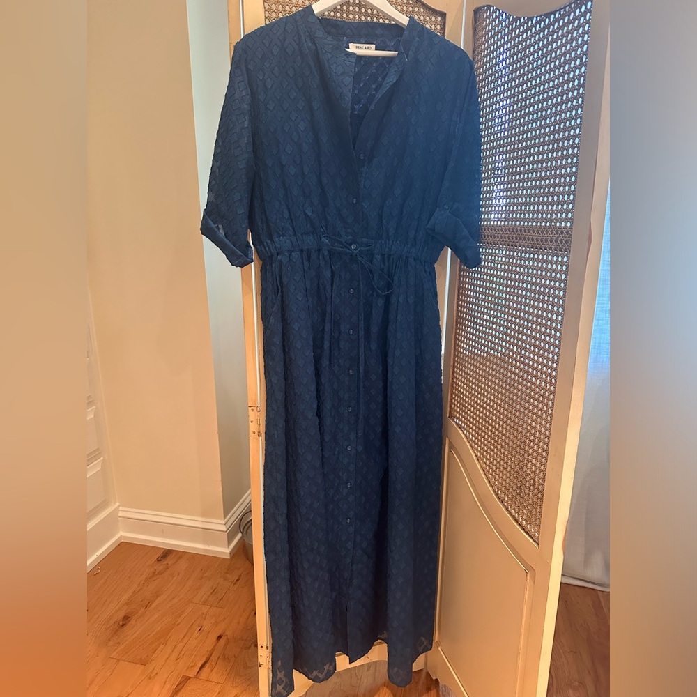 Beau and Ro blue maxi dress, cinched waist, pockets, full button front
